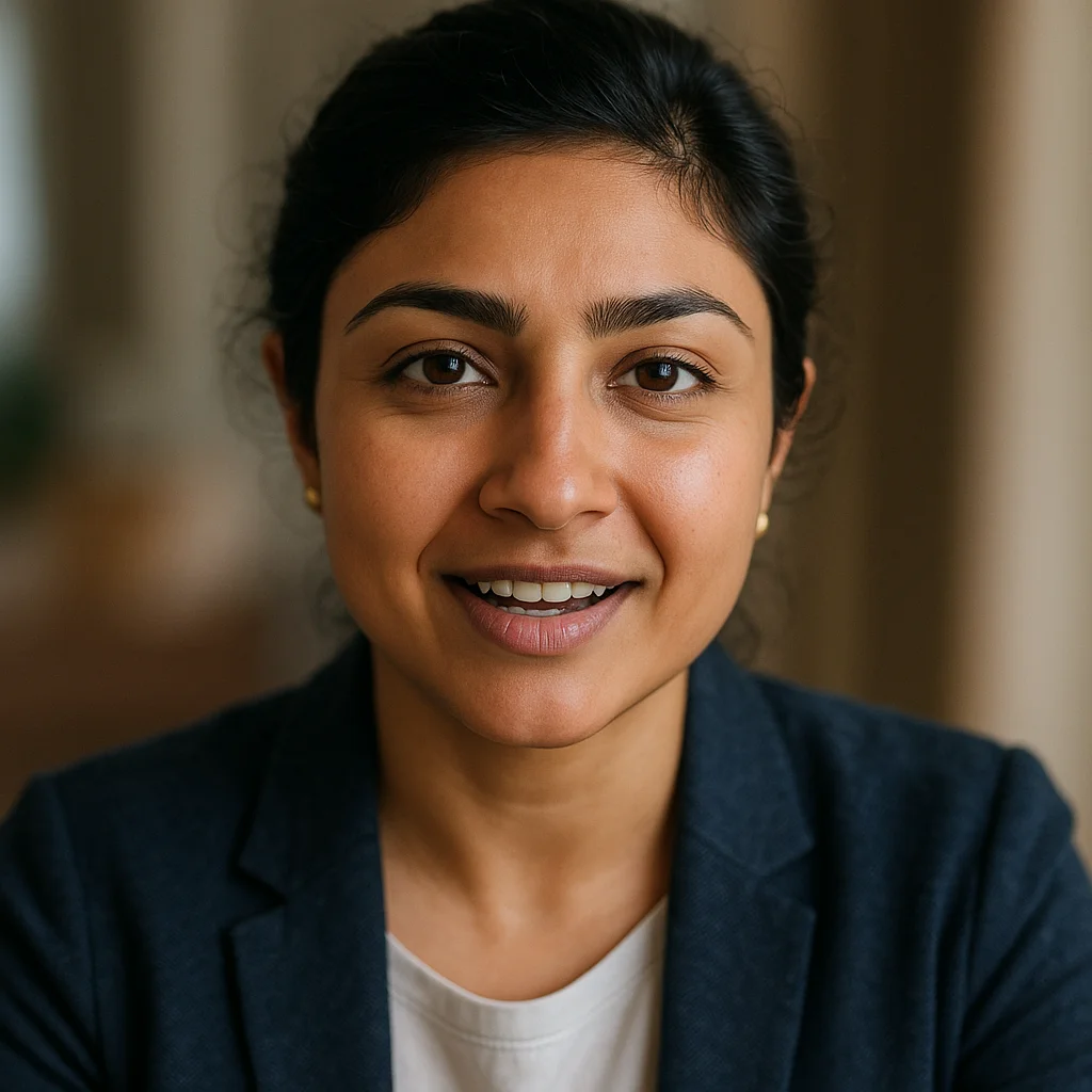 Priya M. speaking mid-sentence in a video interview